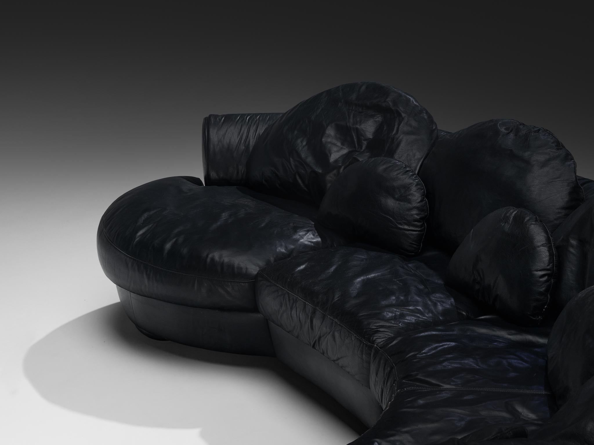 Organically Shaped Post-Modern Sectional Sofa in Black Leather