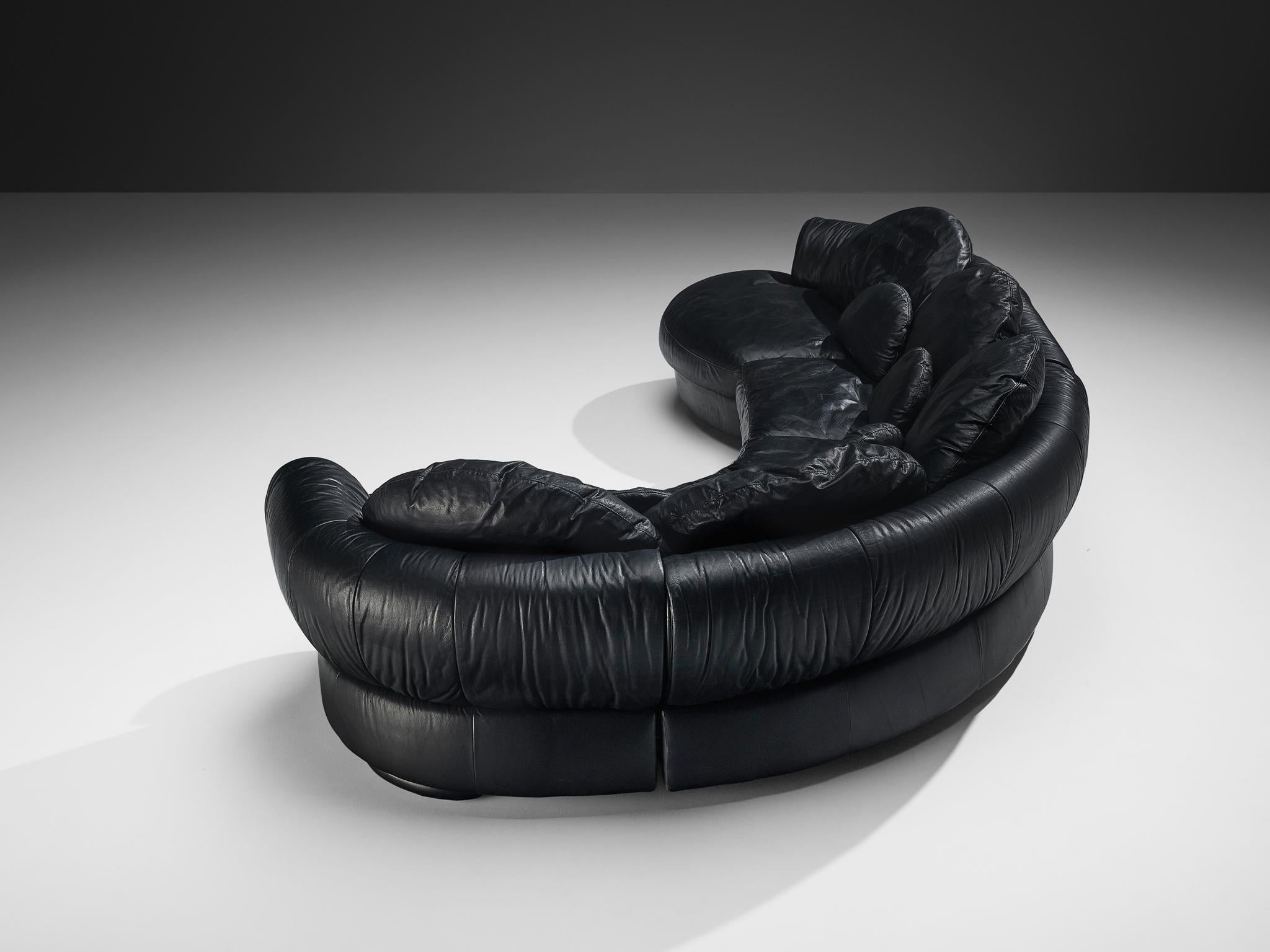 Organically Shaped Post-Modern Sectional Sofa in Black Leather