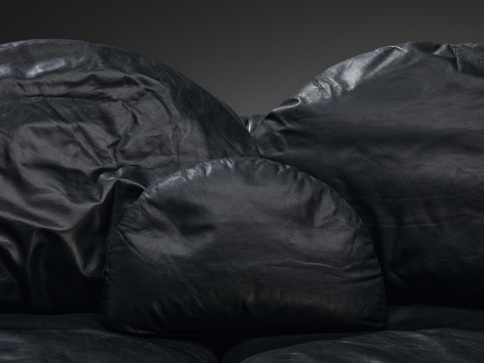 Organically Shaped Post-Modern Sectional Sofa in Black Leather