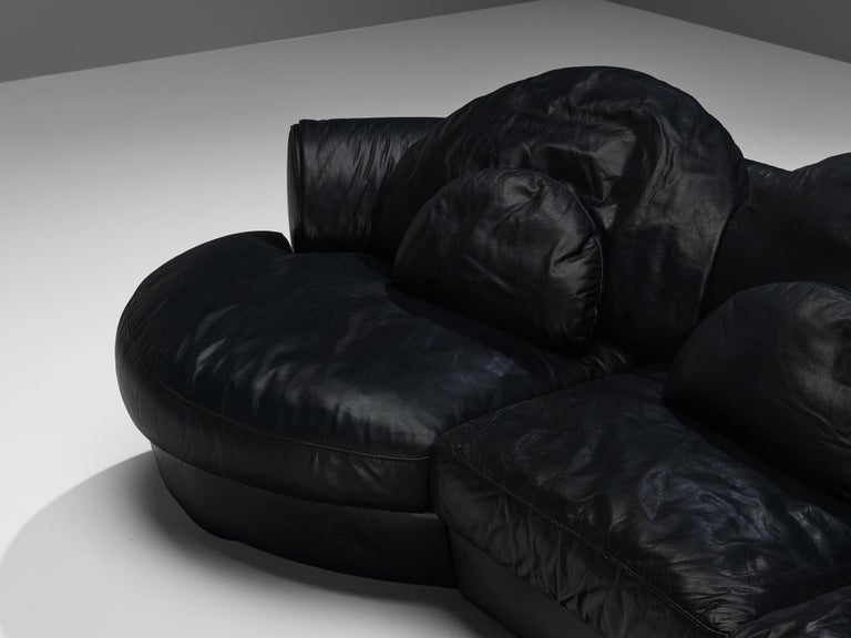 Organically Shaped Sectional Sofa in Black Leather