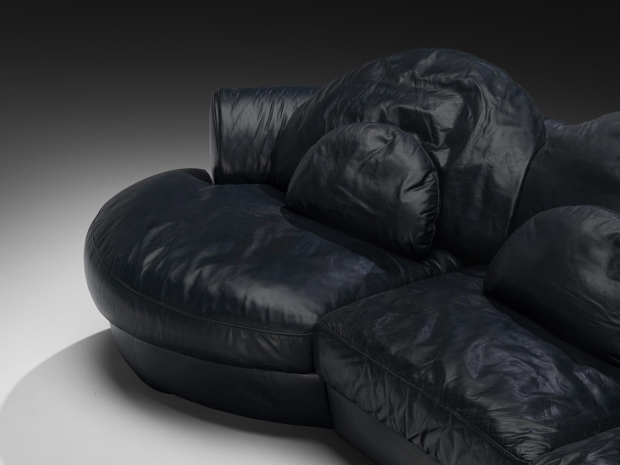 Organically Shaped Post-Modern Sectional Sofa in Black Leather