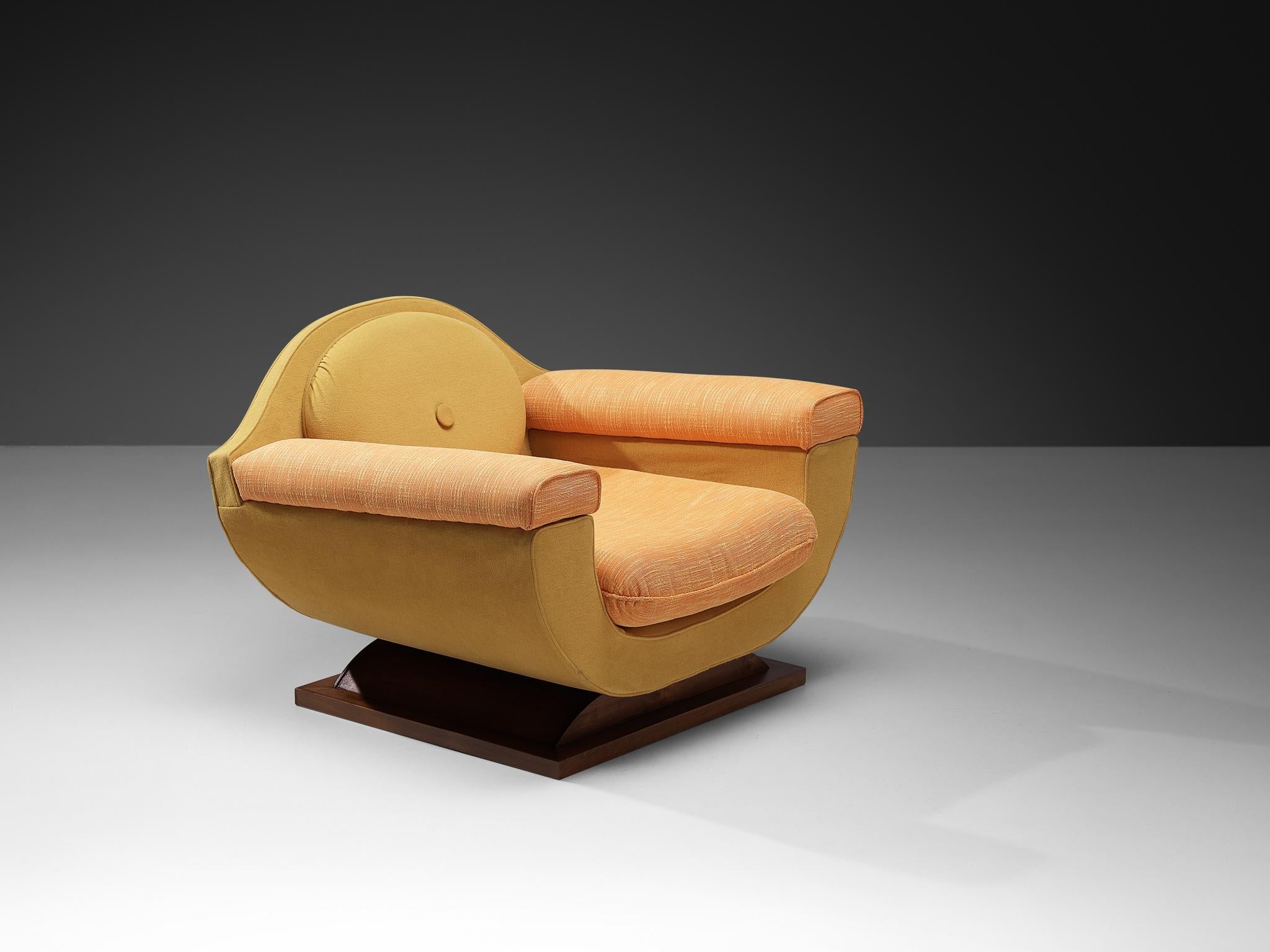 Italian Art Deco Lounge Chair in Orange Yellow Upholstery and Walnut