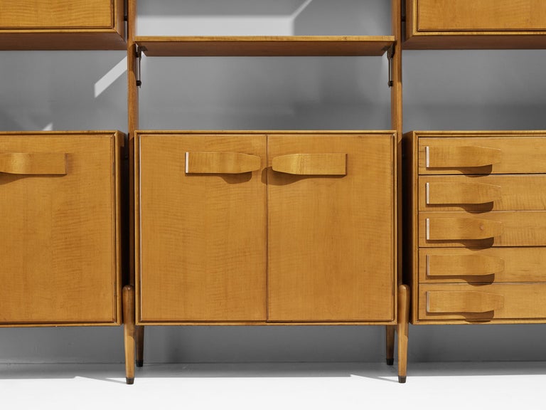 Unique Midcentury Large Italian Bookcase in Cherry and Brass