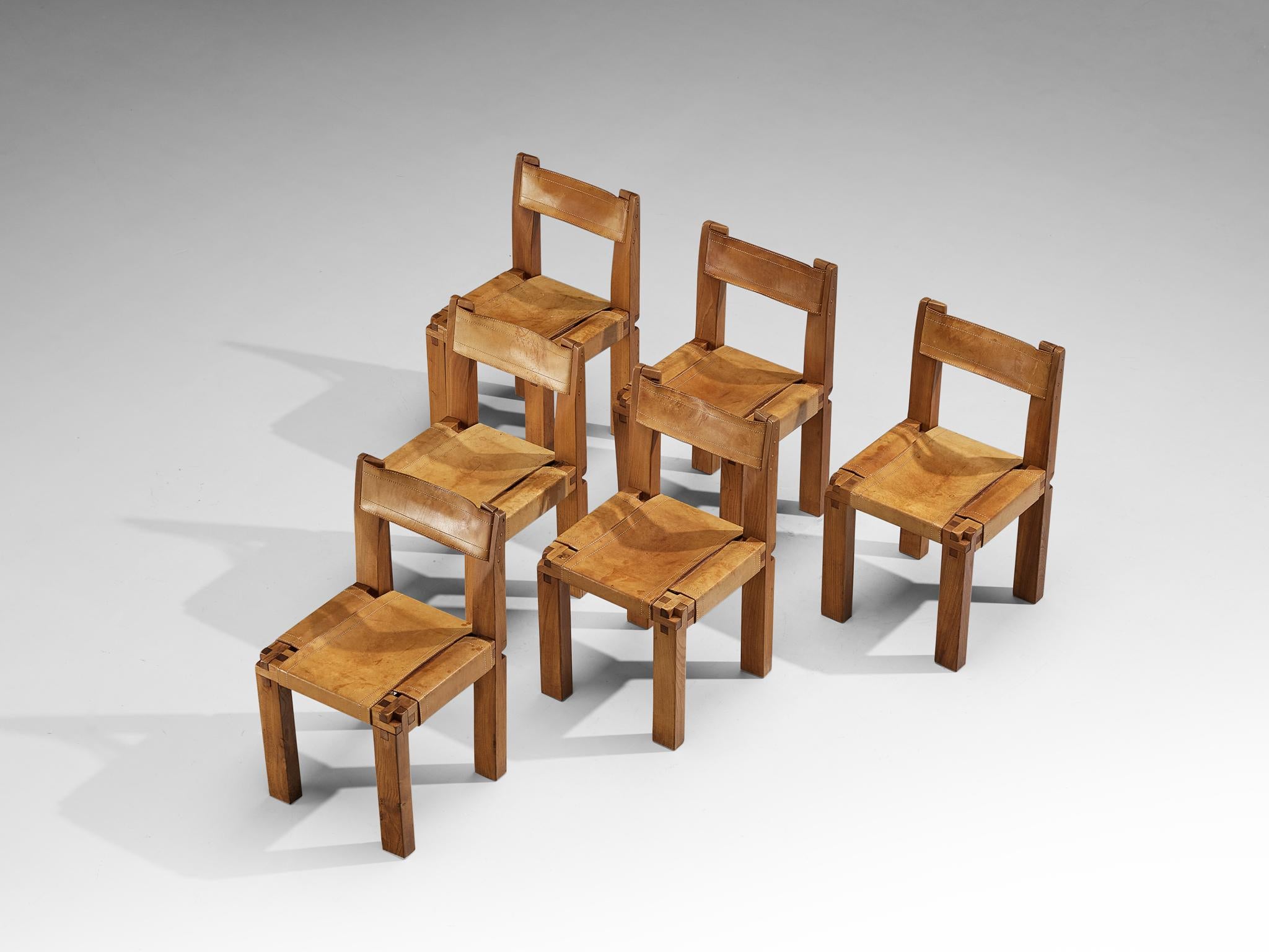 Early Pierre Chapo Set of Six Dining Chairs in Elm and Cognac Leather