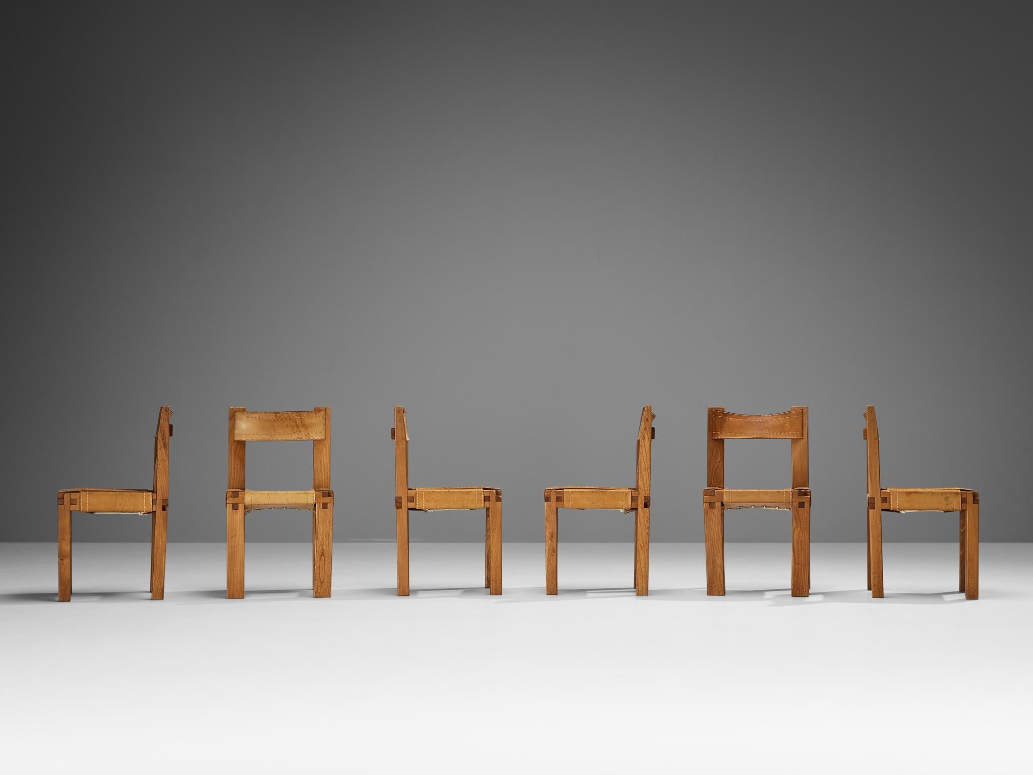 Early Pierre Chapo Set of Six Dining Chairs in Elm and Cognac Leather