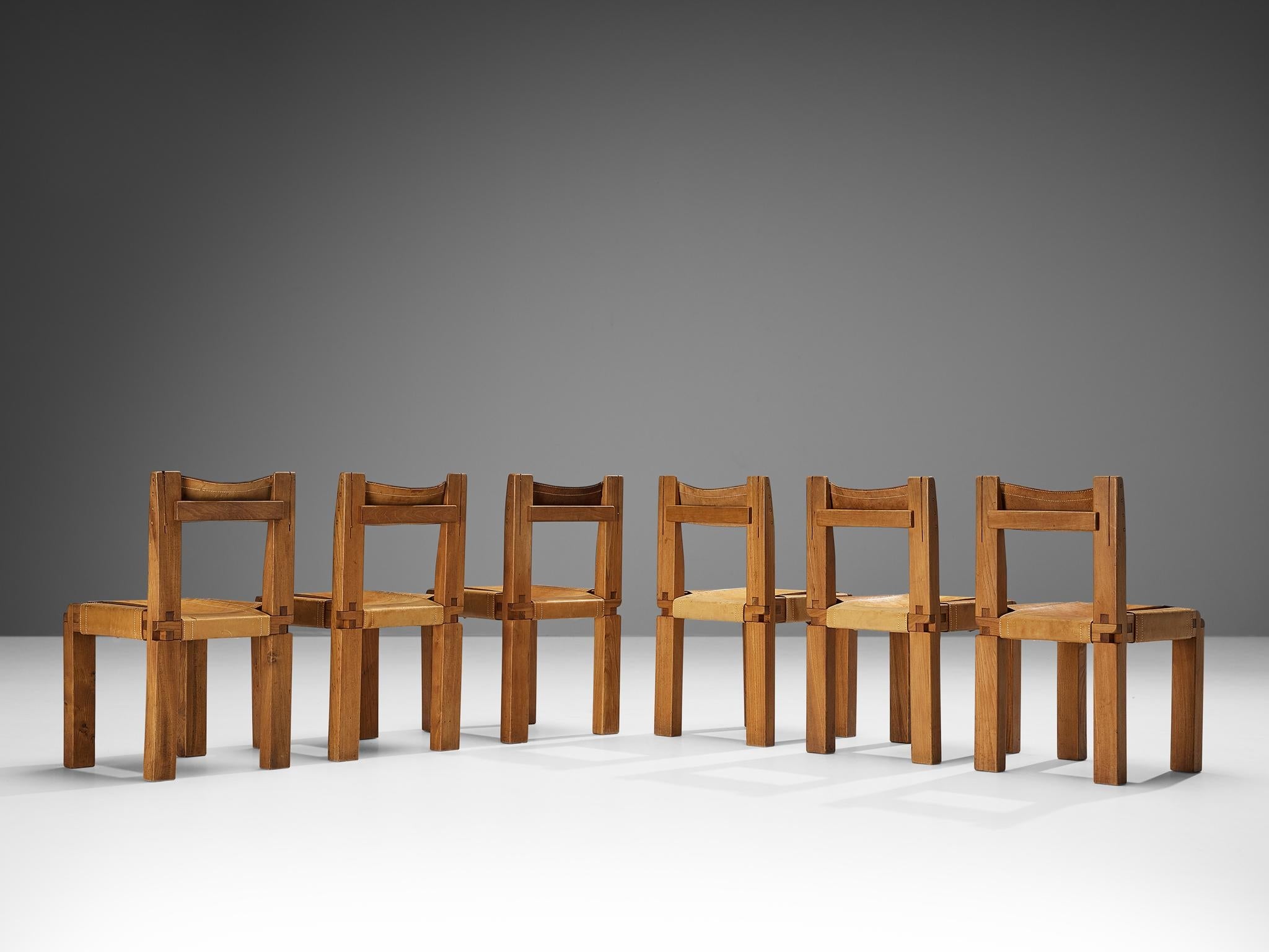 Early Pierre Chapo Set of Six Dining Chairs in Elm and Cognac Leather