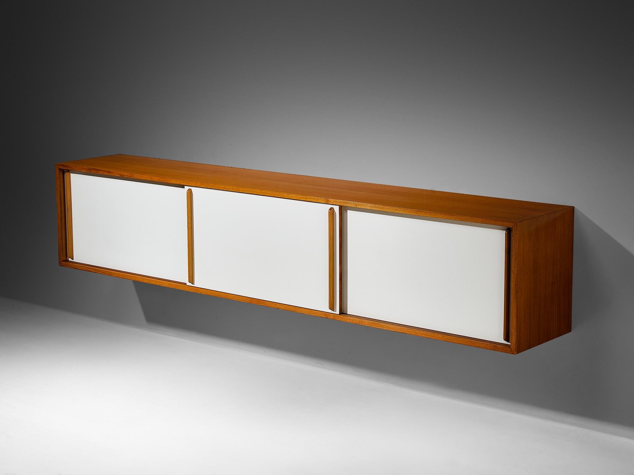 Mid-Century Modern Wall-Mounted Sideboard in Walnut with White Panels 1960s