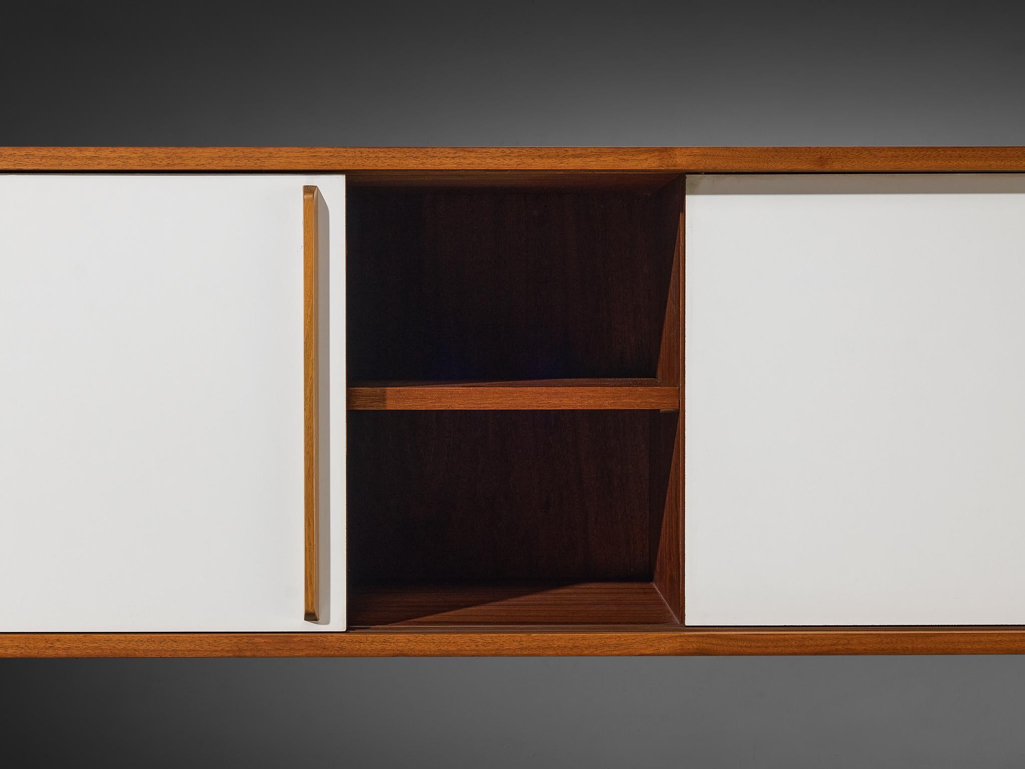 Mid-Century Modern Wall-Mounted Sideboard in Walnut with White Panels 1960s