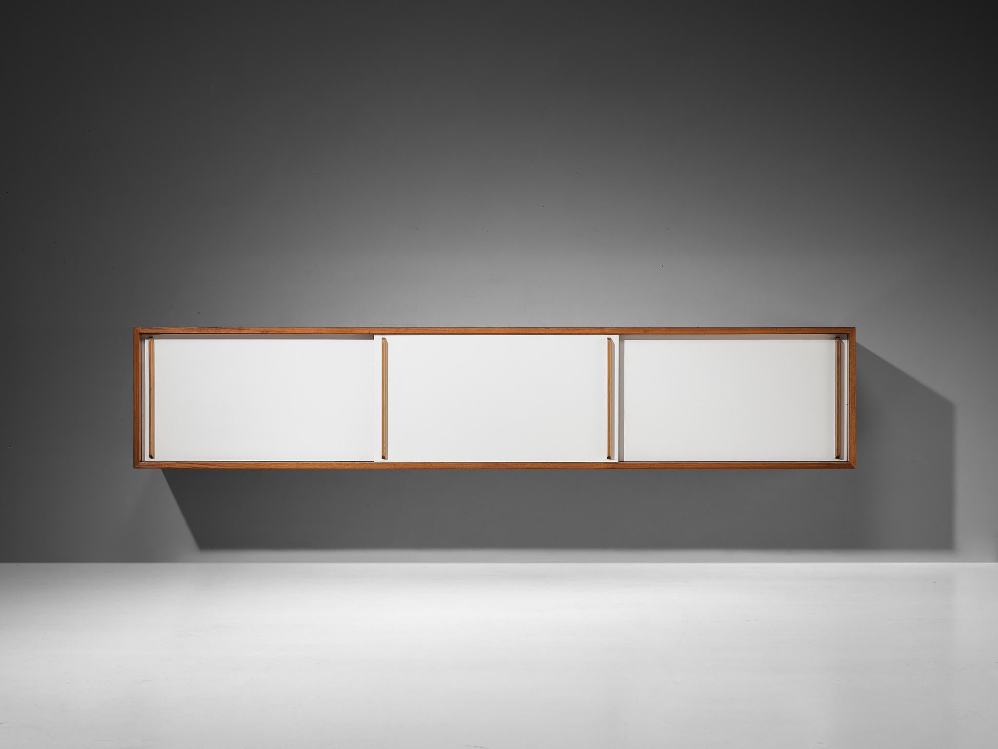 Mid-Century Modern Wall-Mounted Sideboard in Walnut with White Panels 1960s