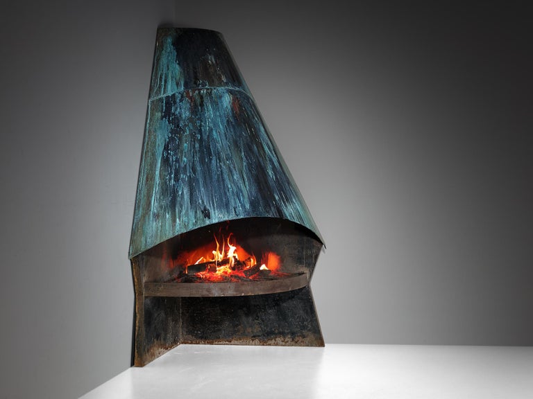 Large Fire Place in Patinated Sheet Steel 203 cm/80 inch Tall