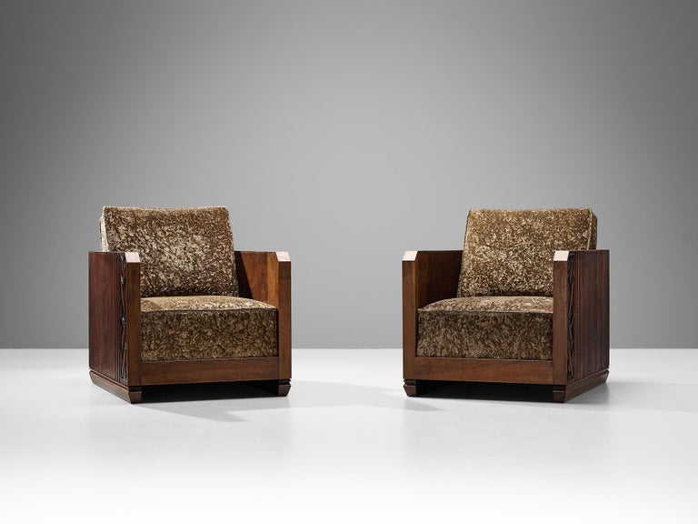 French Pair of Art Deco Lounge Chairs in Mahogany and Brown Velour