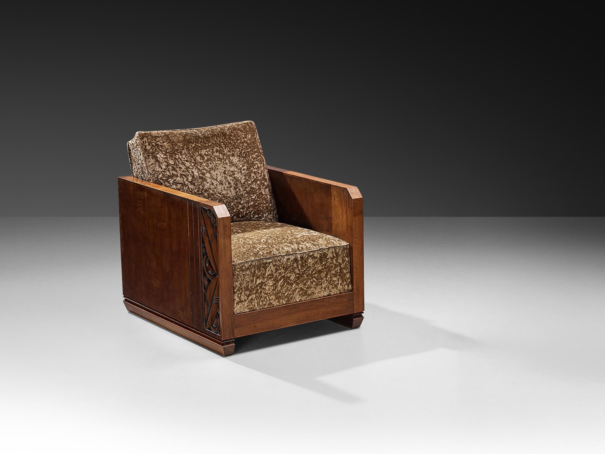 French Art Deco Lounge Chair in Mahogany and Brown Velour