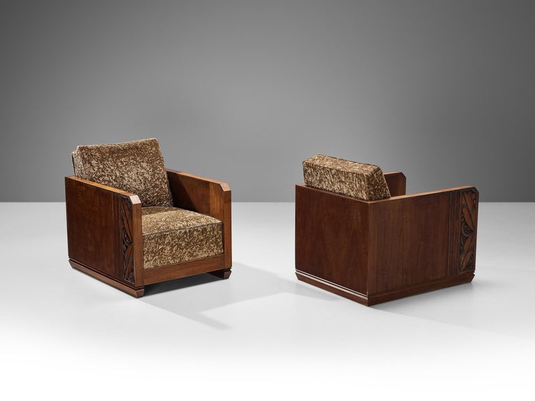 French Pair of Art Deco Lounge Chairs in Mahogany and Brown Velour