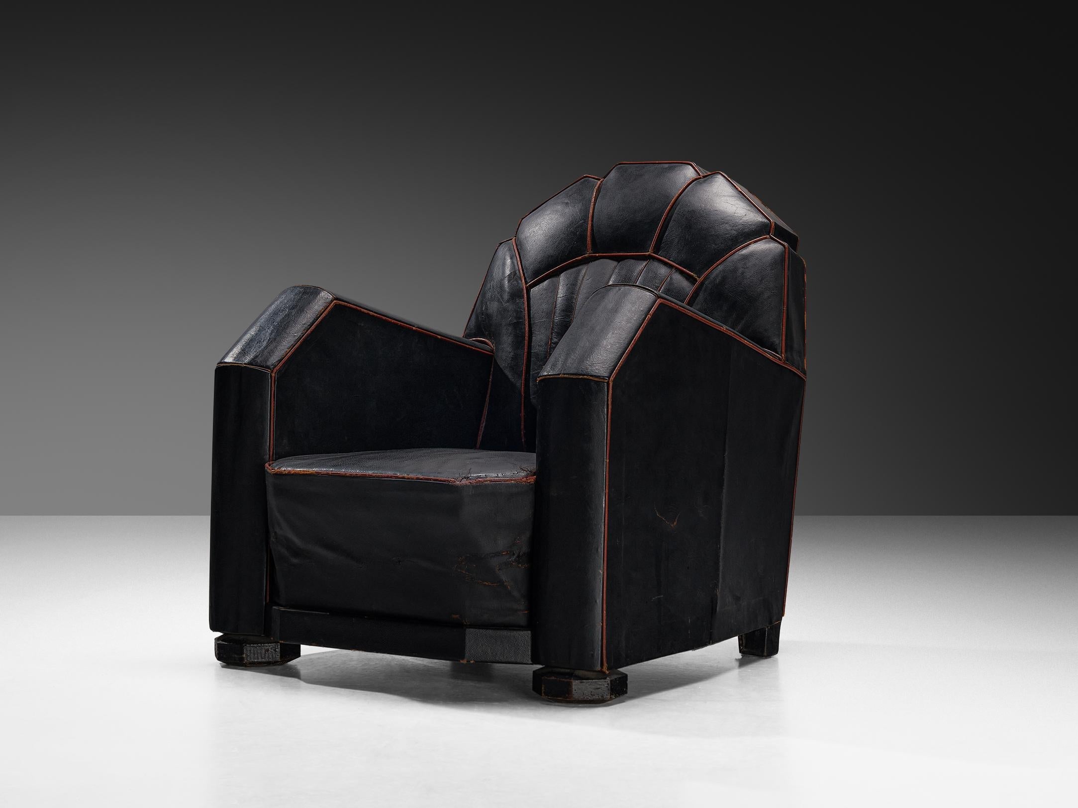 French Art Deco Club Chair in Black Leather