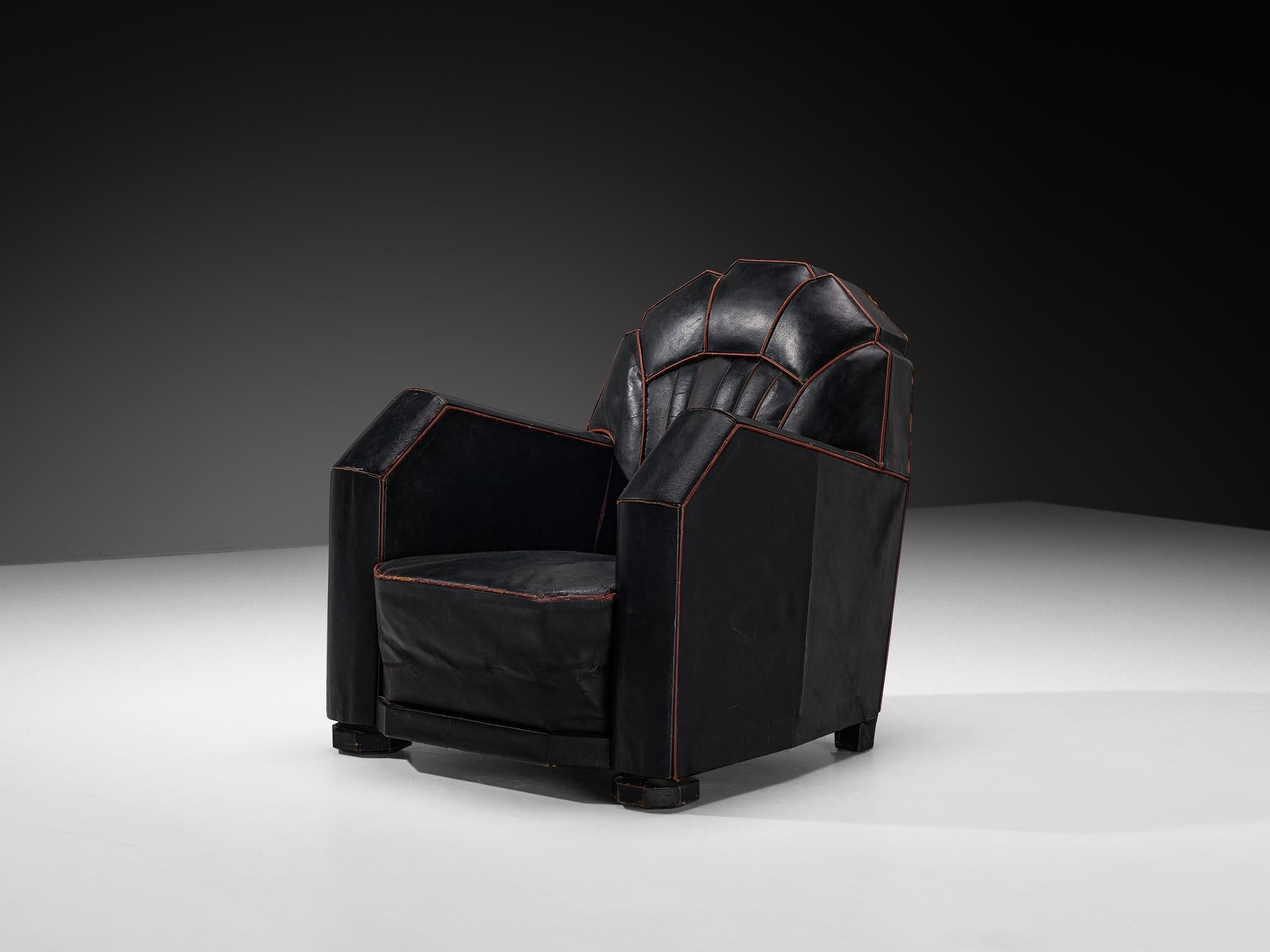 French Art Deco Club Chair in Black Leather