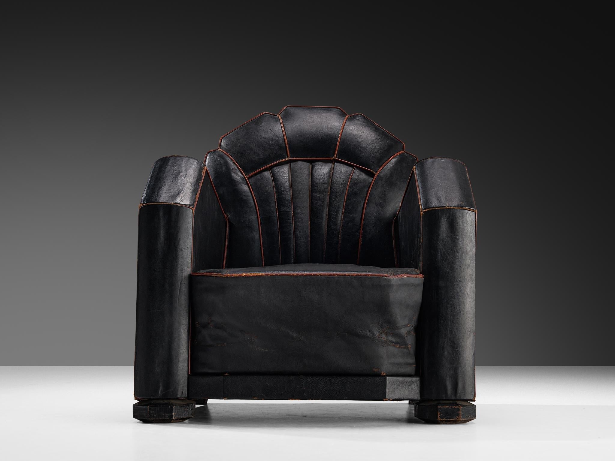 French Art Deco Club Chair in Black Leather