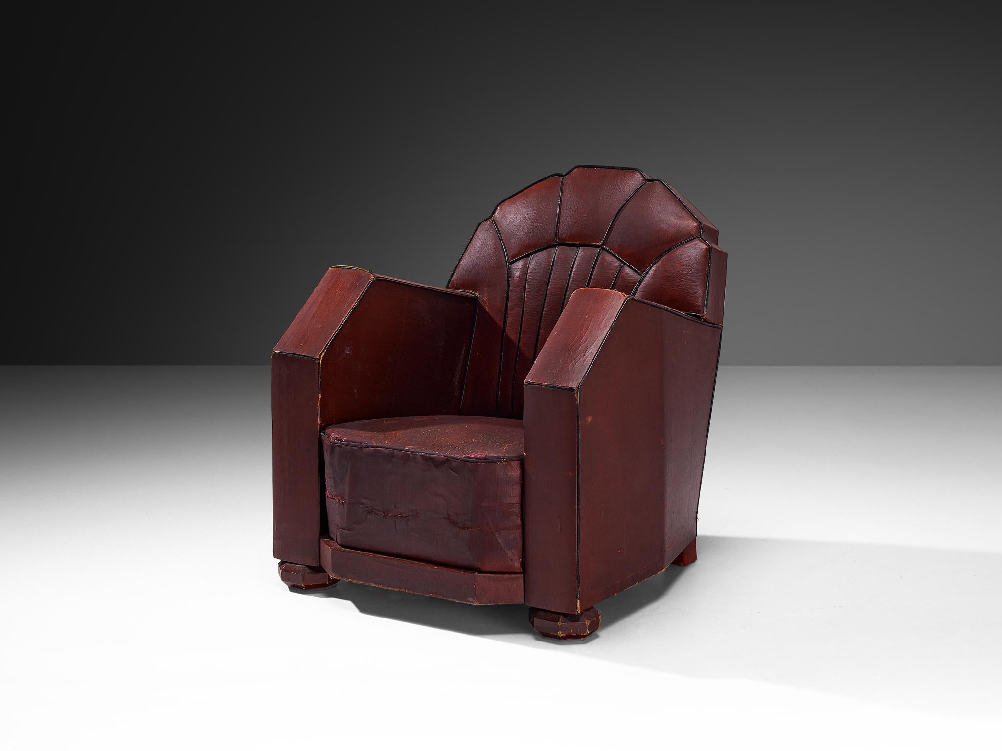 French Art Deco Club Chair in Burgundy Leather