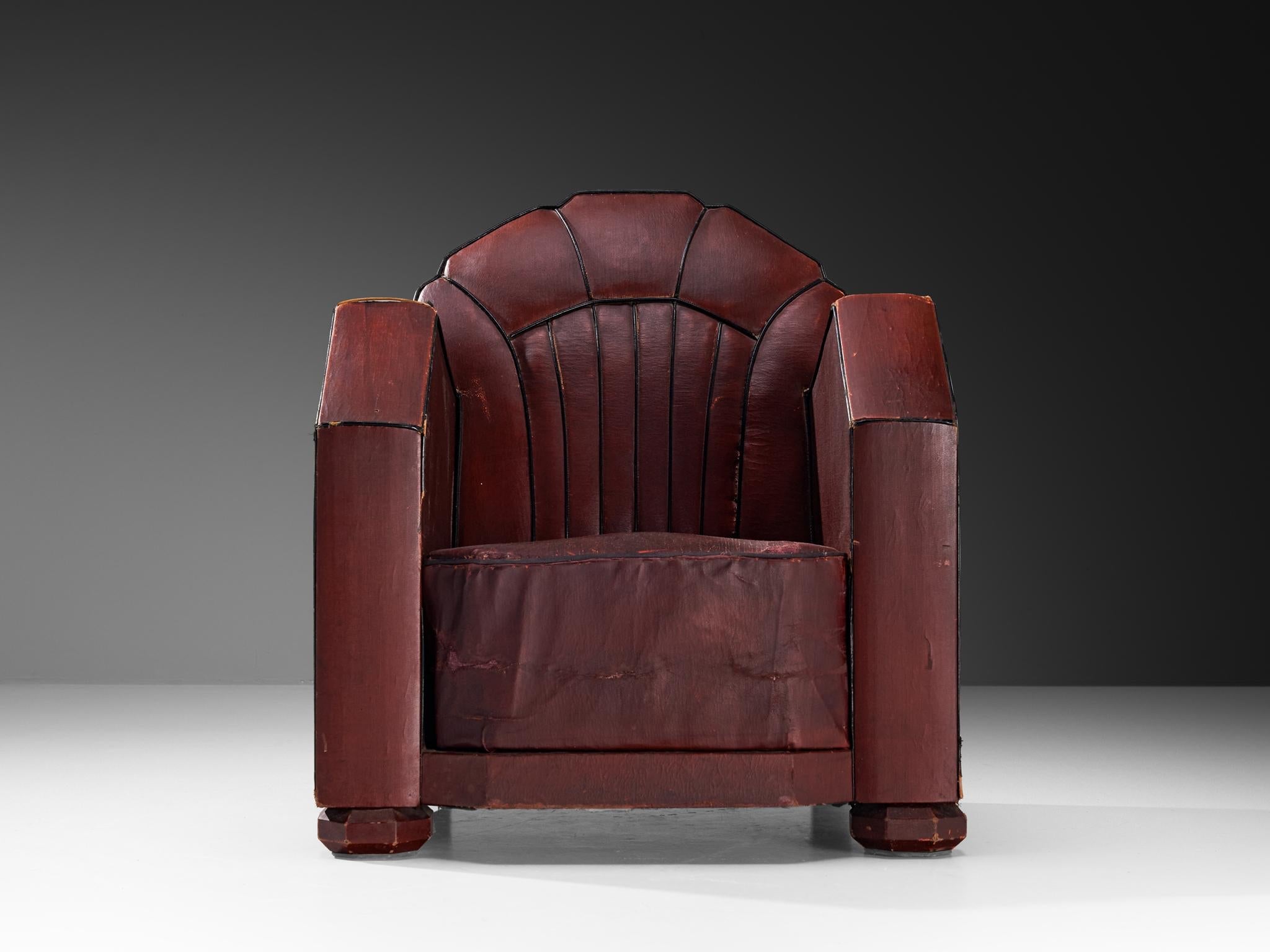 French Art Deco Club Chair in Burgundy Leather