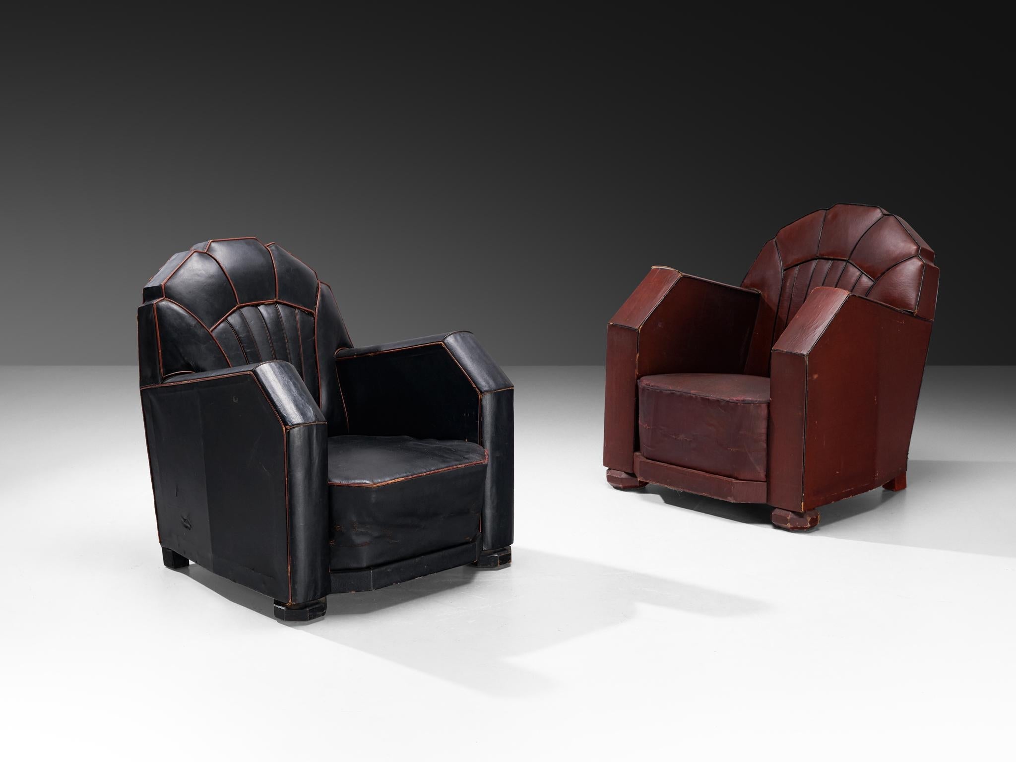 French Art Deco Club Chairs in Black and Burgundy Leather