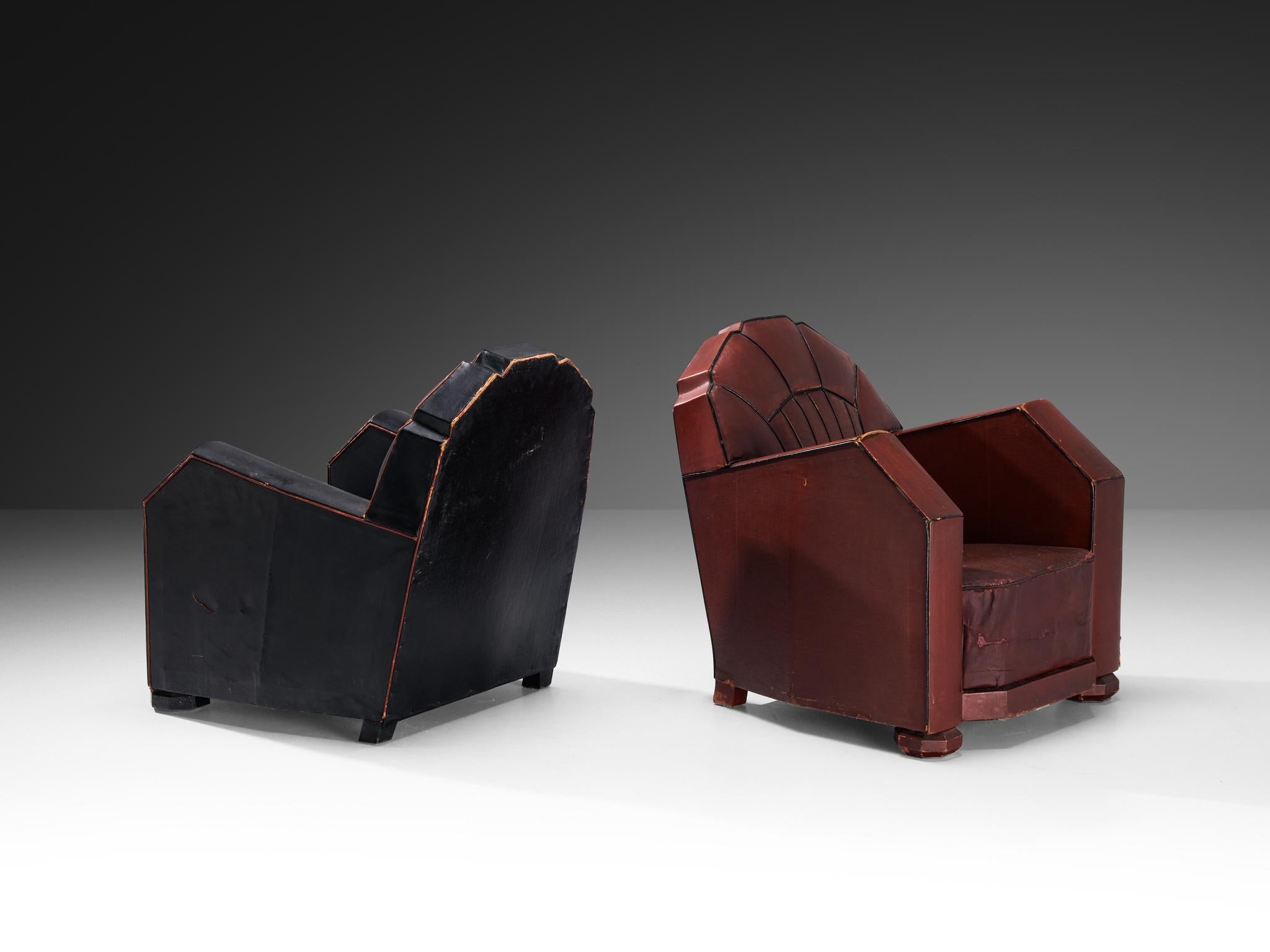 French Art Deco Club Chairs in Black and Burgundy Leather