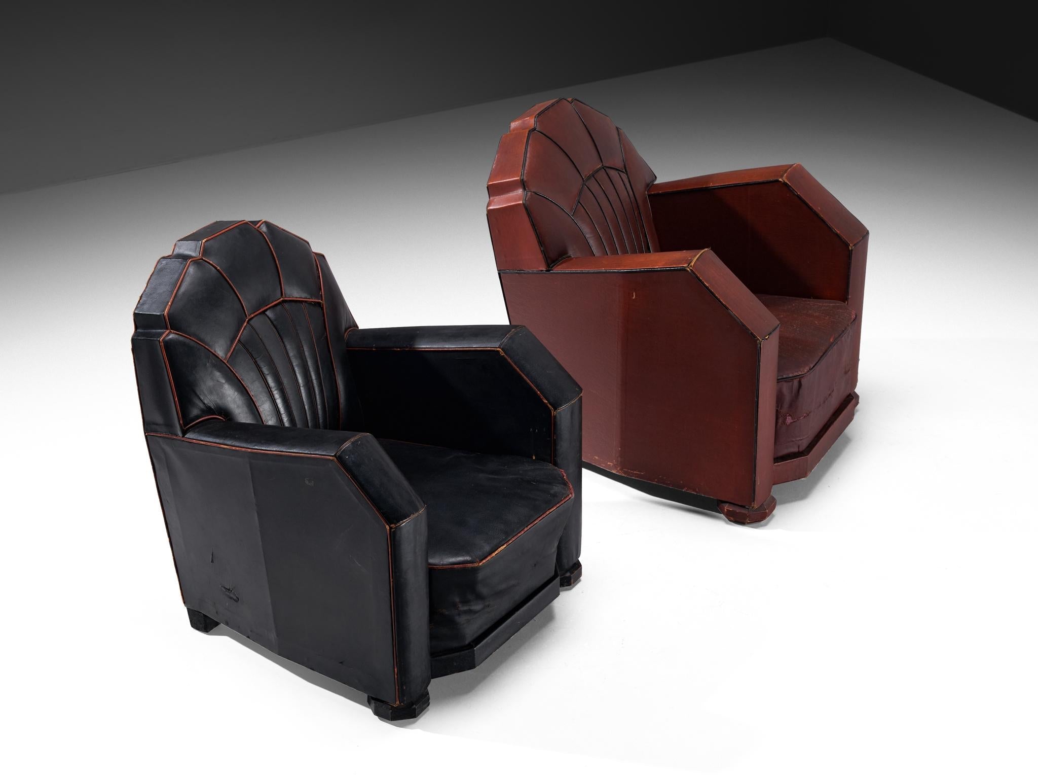 French Art Deco Club Chairs in Black and Burgundy Leather