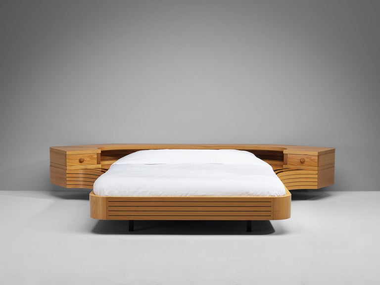 Italian Sculptural Queen Size Bed with Integrated Nightstands in Elm