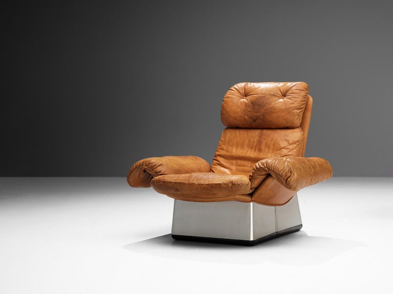 Italian Lounge Chair and Ottoman in Cognac Leather