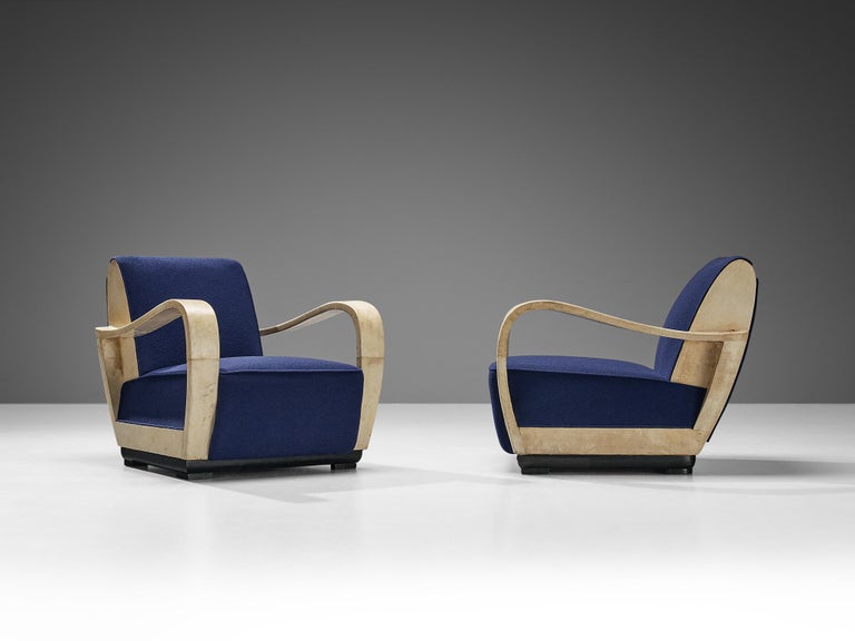 Unique Valzania Pair of Lounge Chairs in Parchment and Blue Upholstery