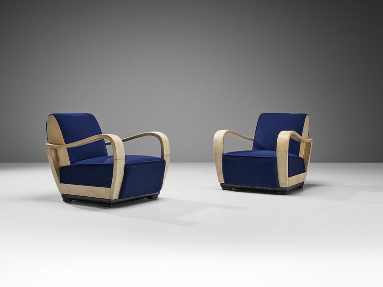 Unique Valzania Pair of Lounge Chairs in Parchment and Blue Upholstery