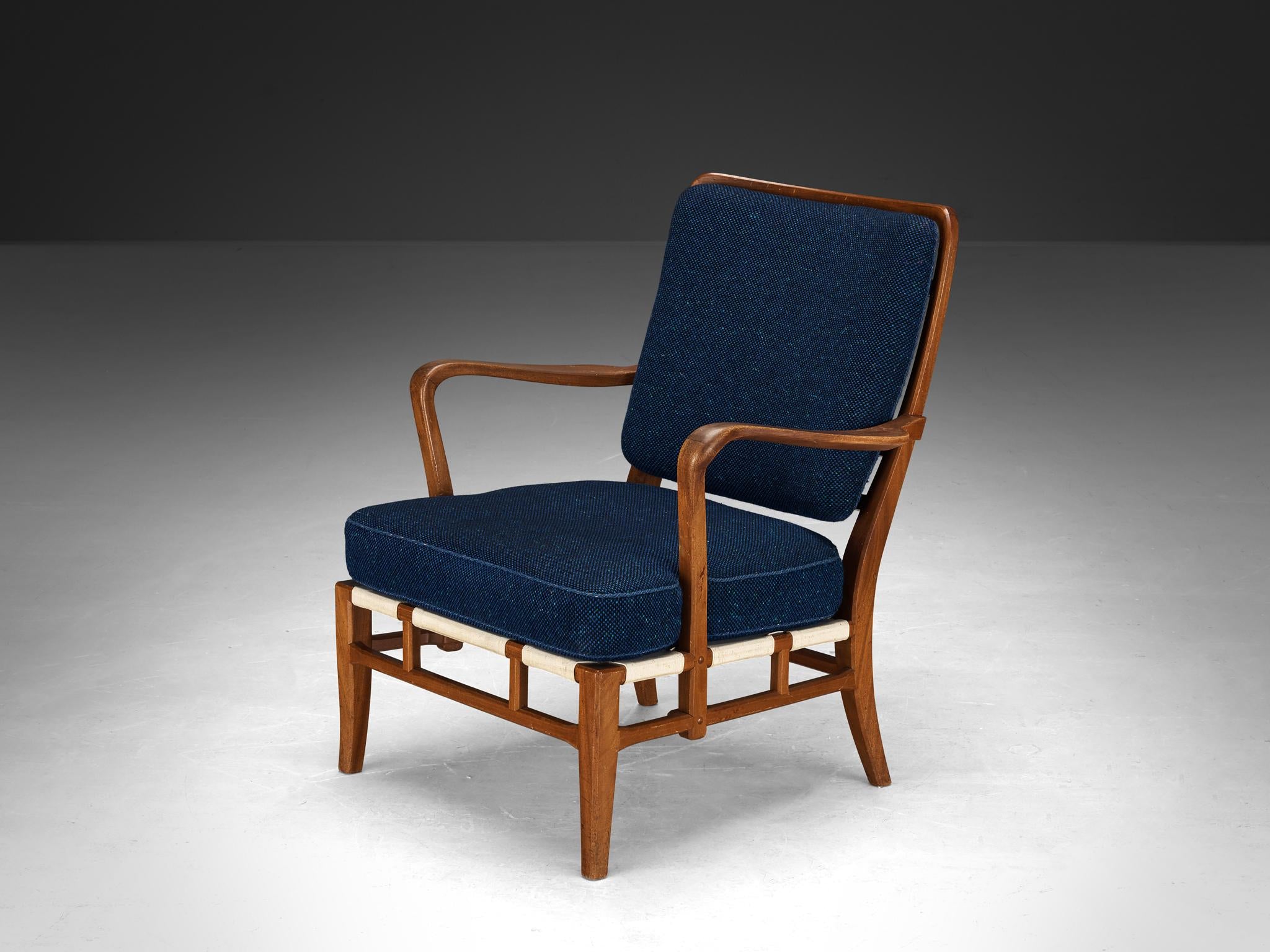 Carl-Axel Acking for Nk Hantverk Lounge Chair in Mahogany and Blue Wool