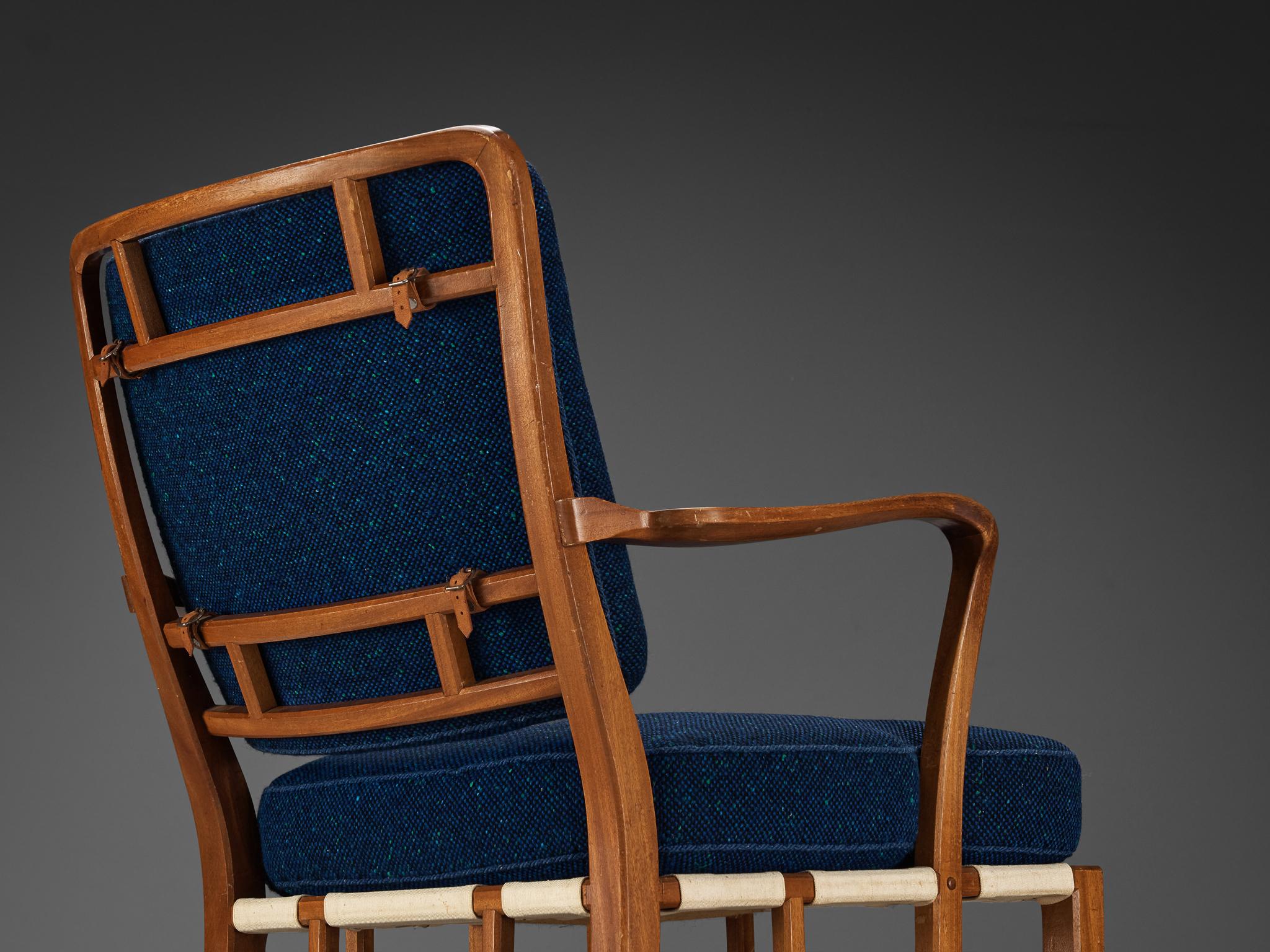 Carl-Axel Acking for Nk Hantverk Lounge Chair in Mahogany and Blue Wool