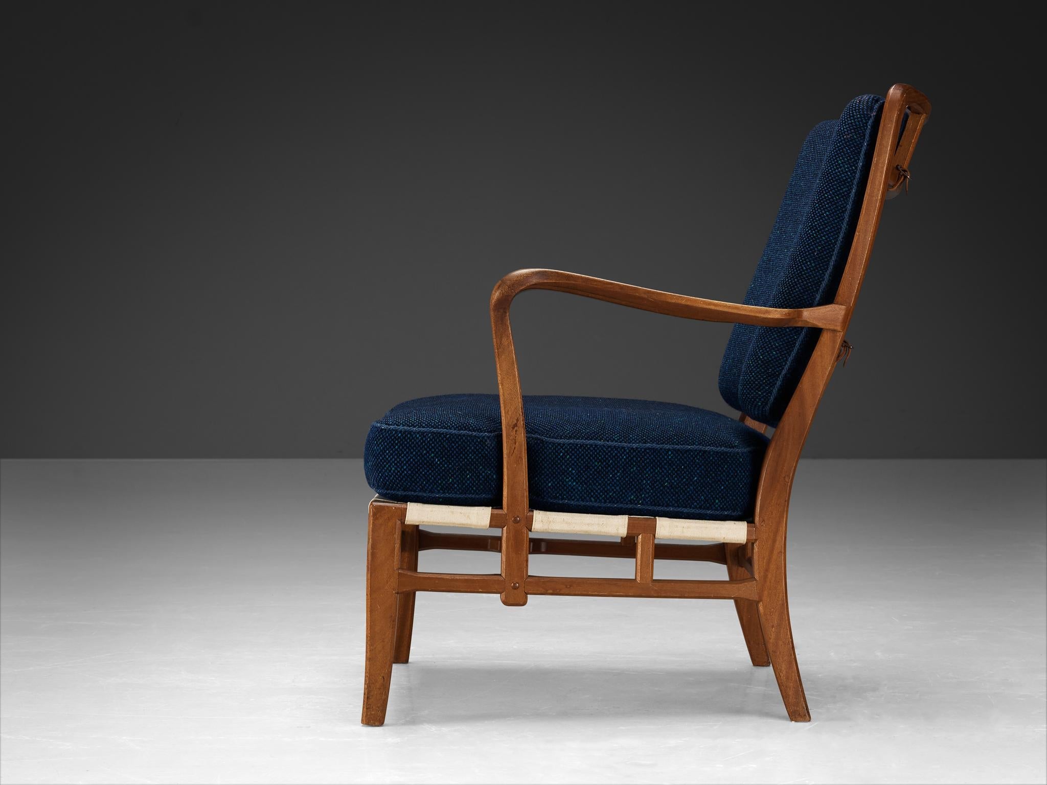 Carl-Axel Acking for Nk Hantverk Lounge Chair in Mahogany and Blue Wool