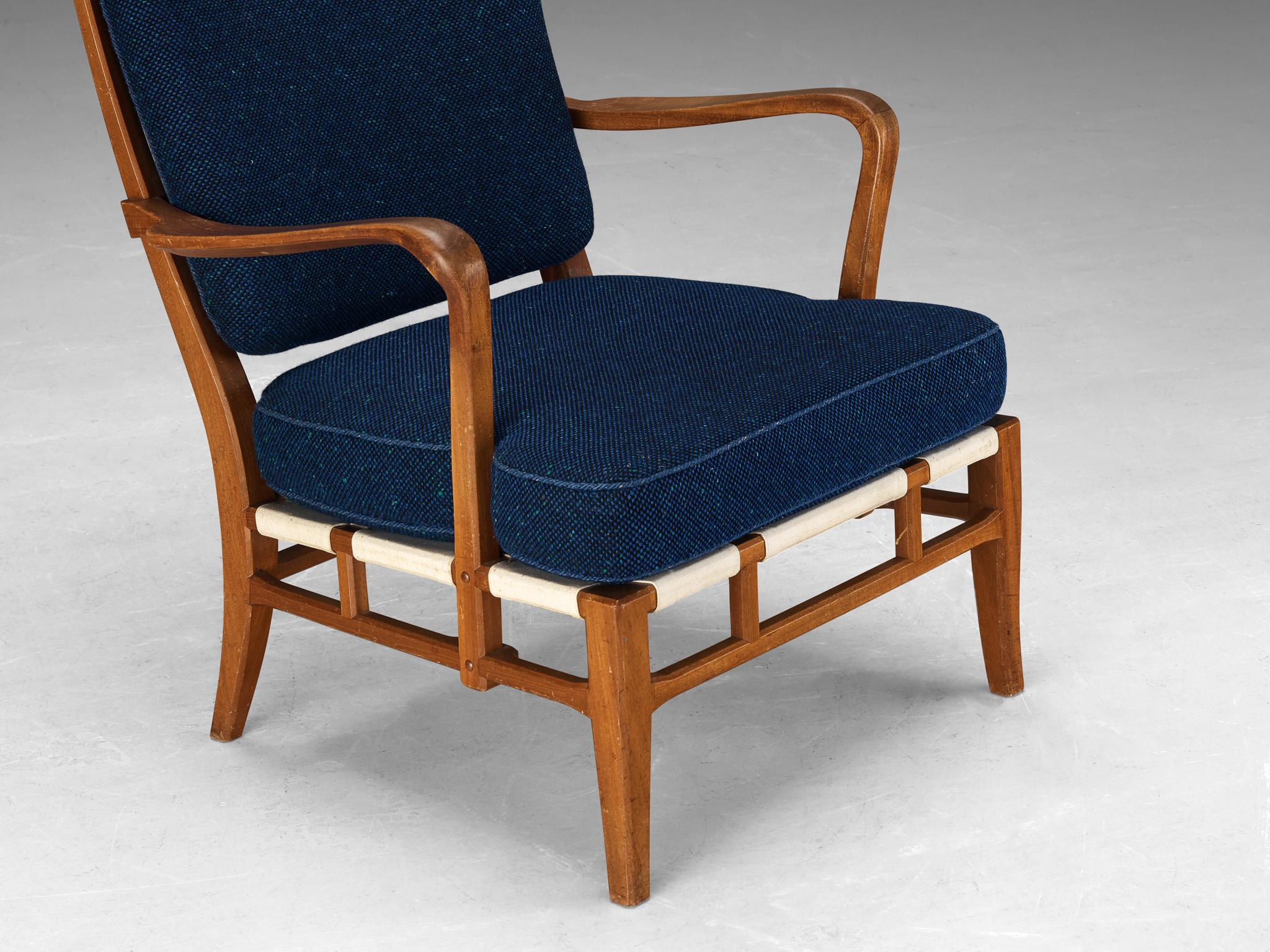 Carl-Axel Acking for Nk Hantverk Lounge Chair in Mahogany and Blue Wool