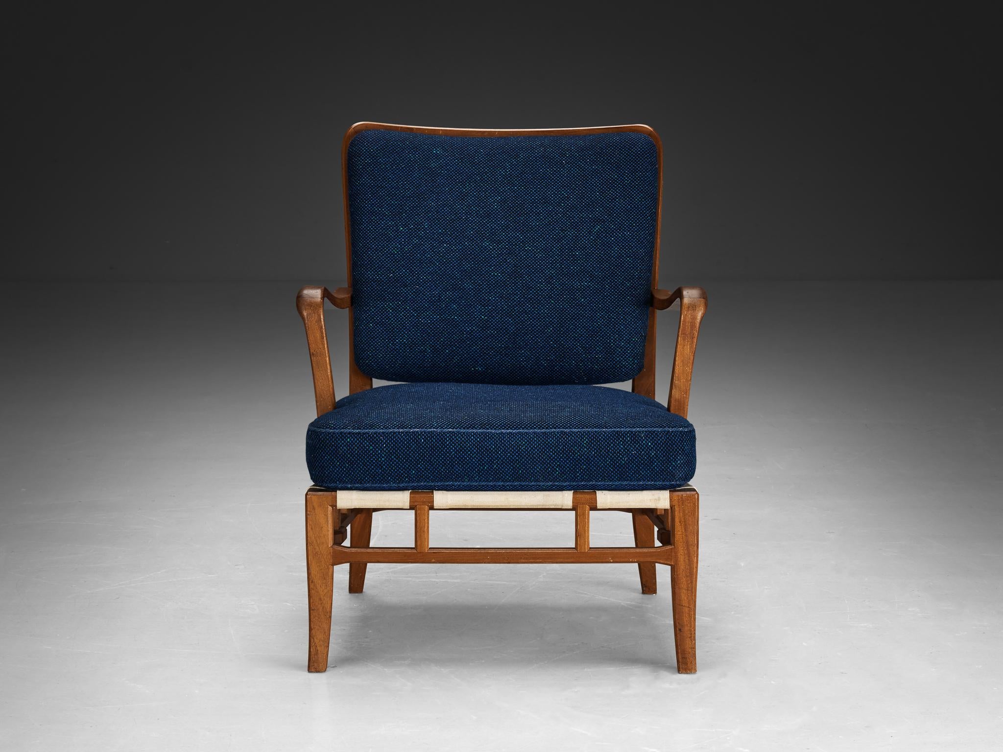 Carl-Axel Acking for Nk Hantverk Lounge Chair in Mahogany and Blue Wool