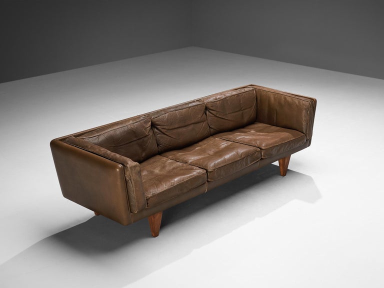 Illum Wikkelsø Sofa in Brown Leather and Oak