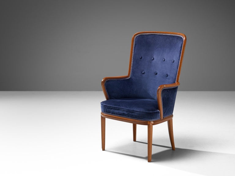 Carl Malmsten High Back Chair in Mahogany and Blue Upholstery