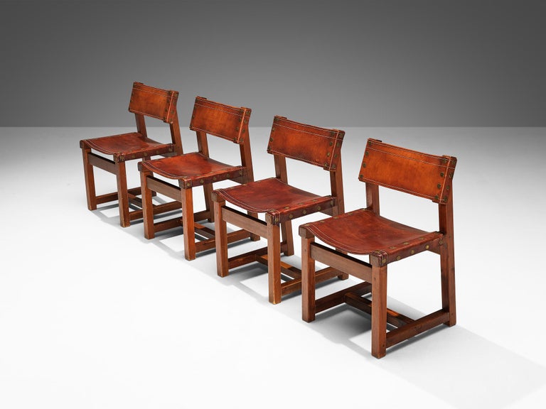 Biosca Brutalist Spanish Set of Four Dining Chairs in Saddle Leather and Pine