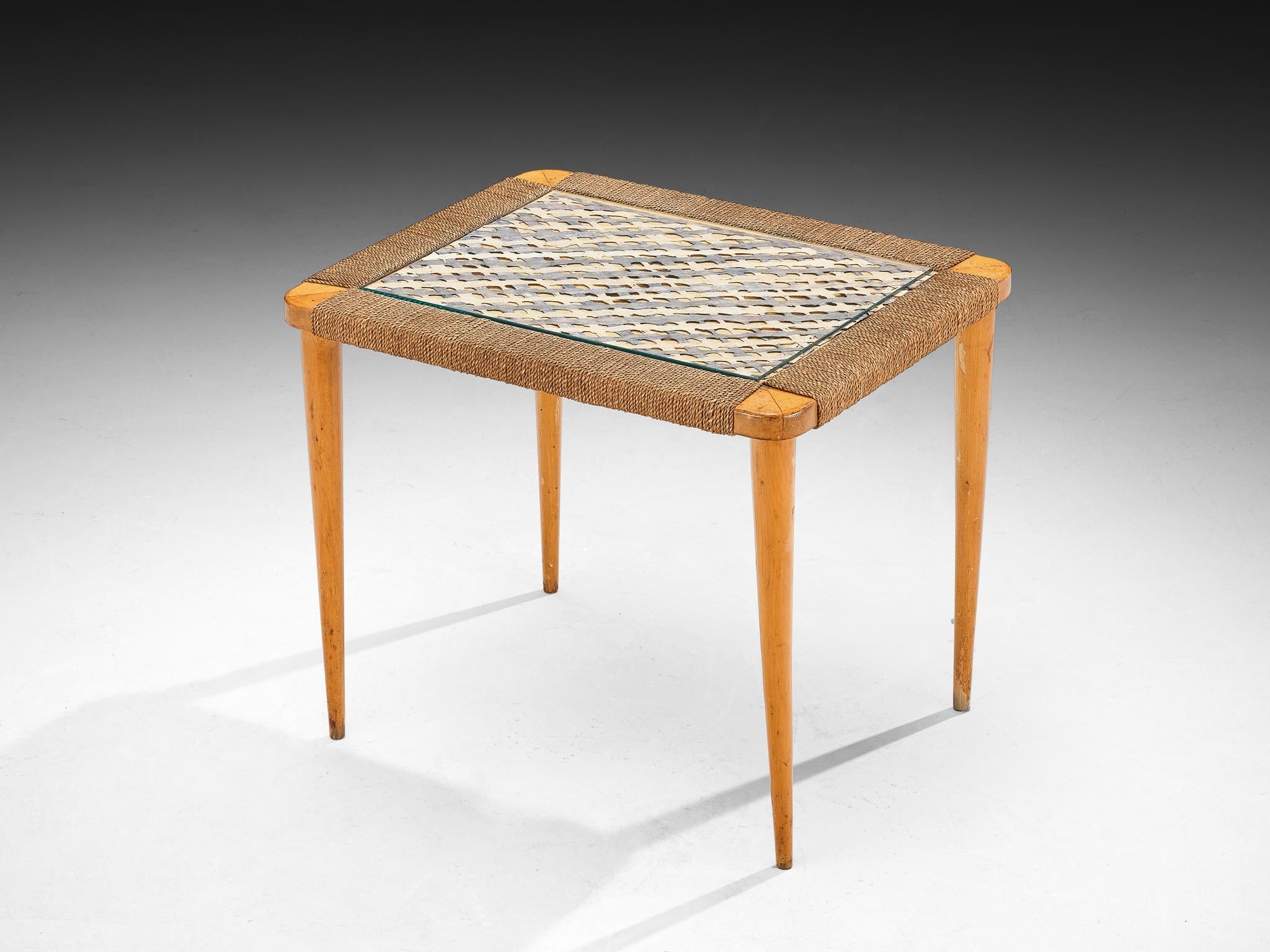 Italian Side Table in Braided Straw with Natural Fiber Glass Top