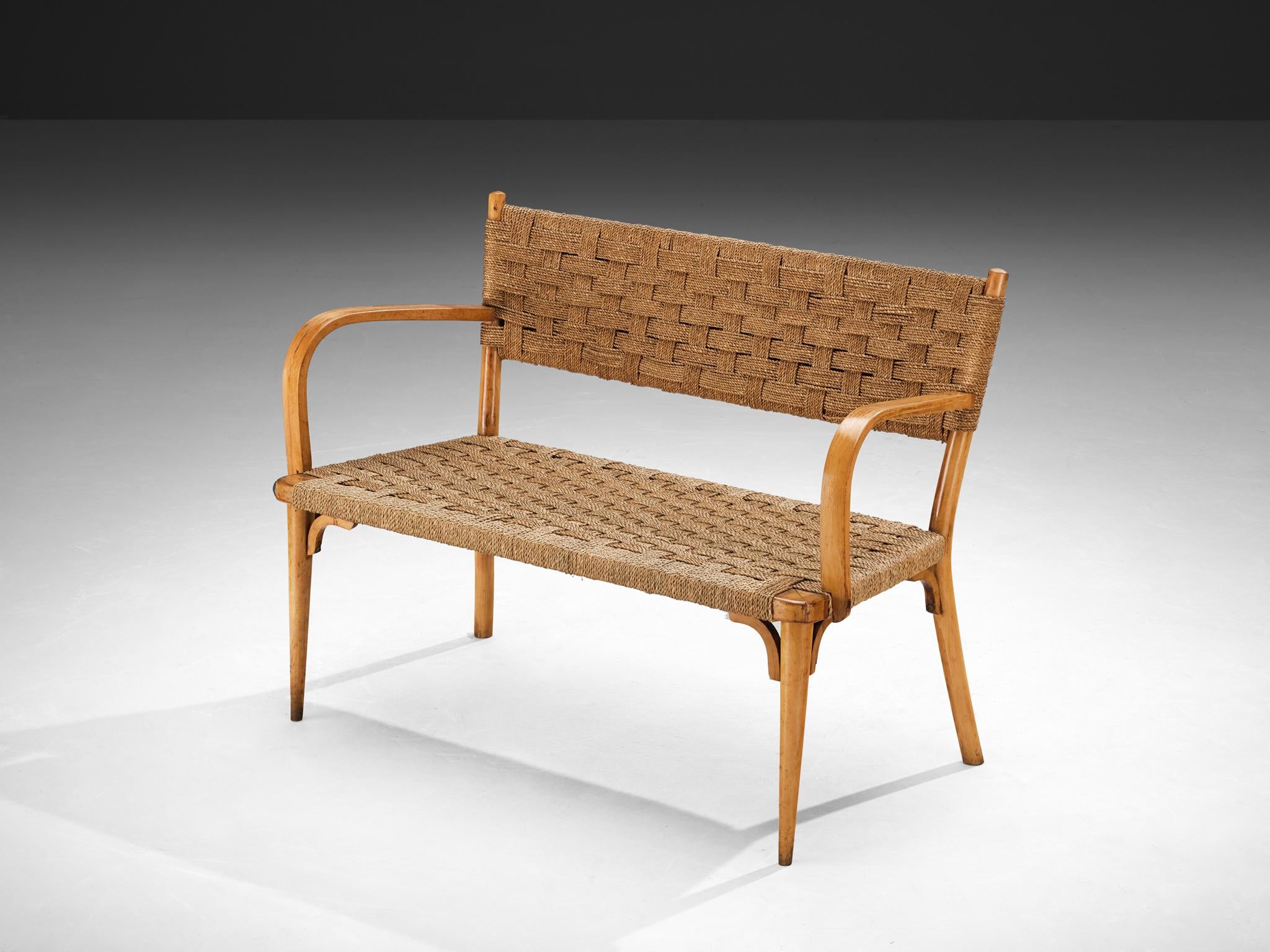 Italian Bench in Braided Straw and Blond Wood