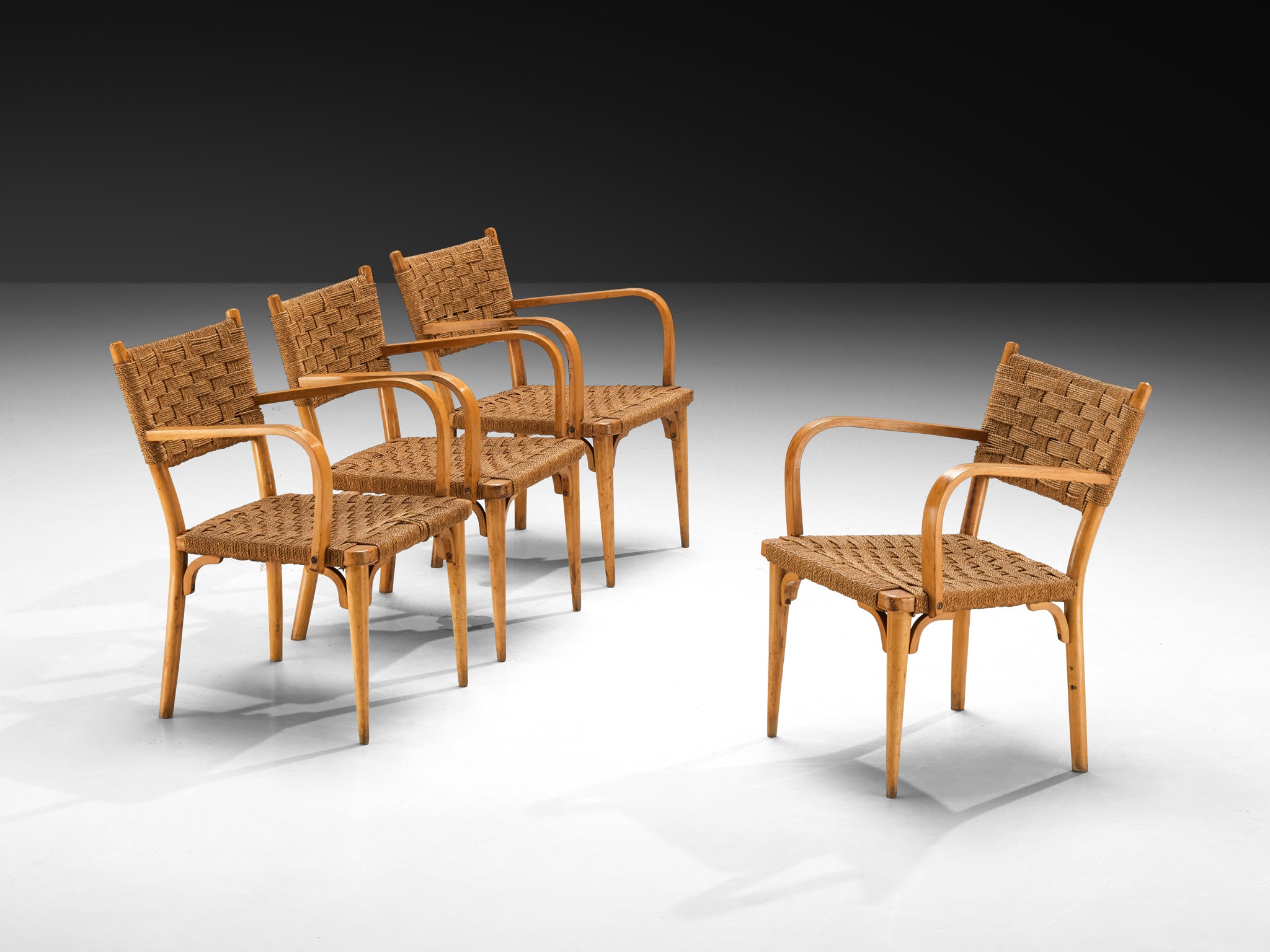 Italian Pair of Armchairs in Braided Straw and Blonde Wood