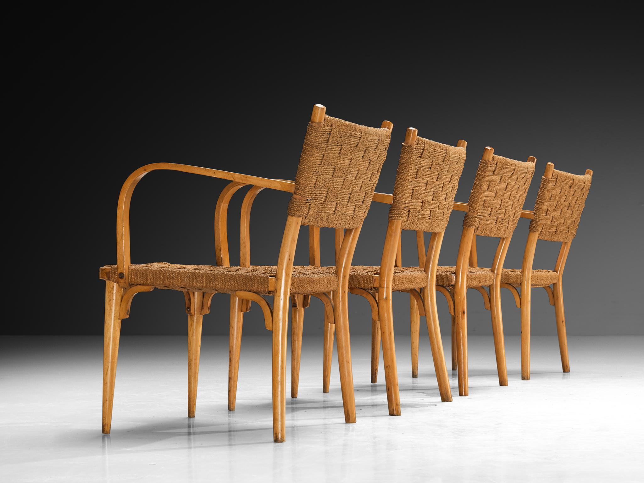 Italian Set of Four Armchairs in Braided Straw and Blonde Wood