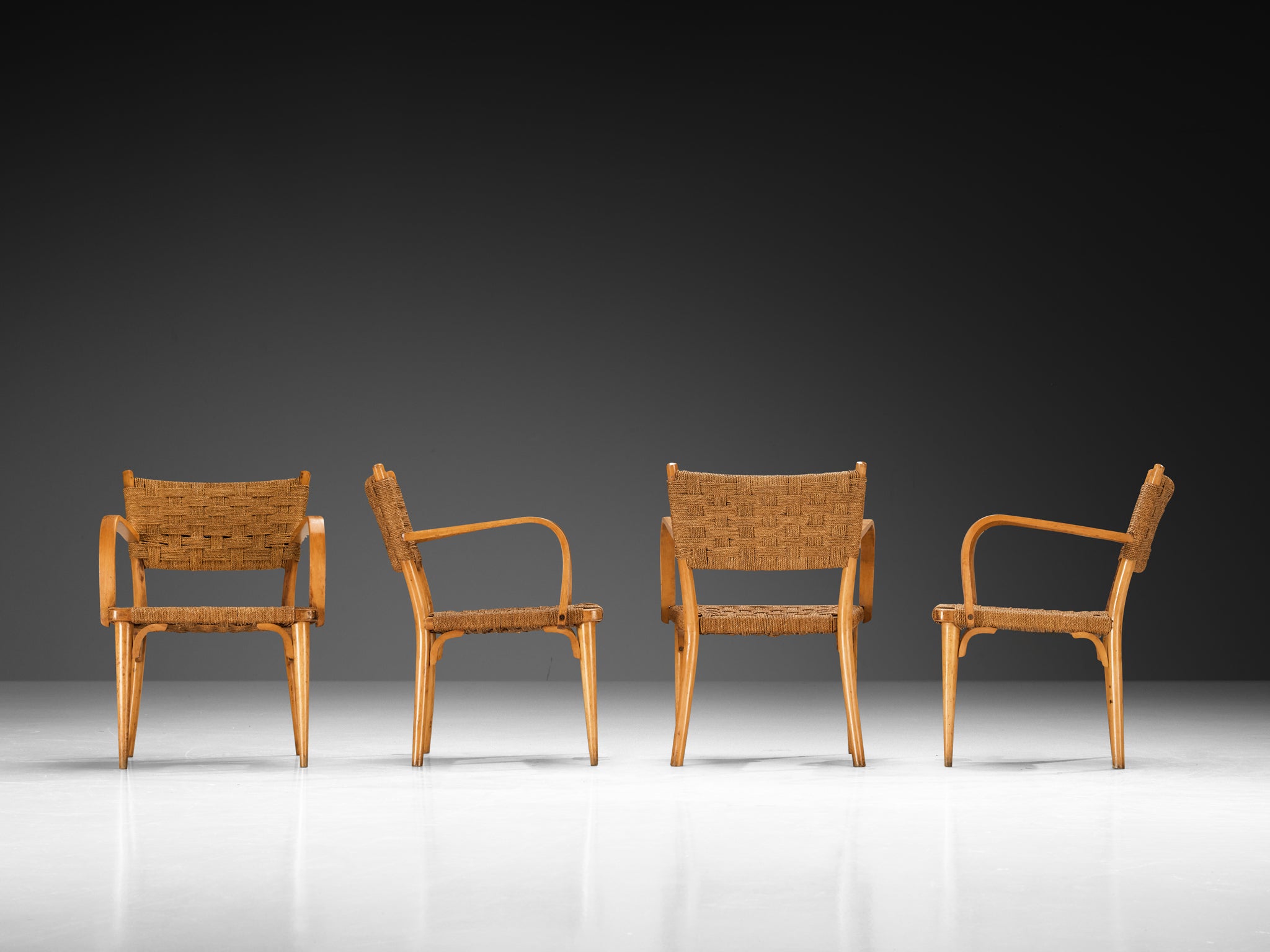 Italian Pair of Armchairs in Braided Straw and Blonde Wood