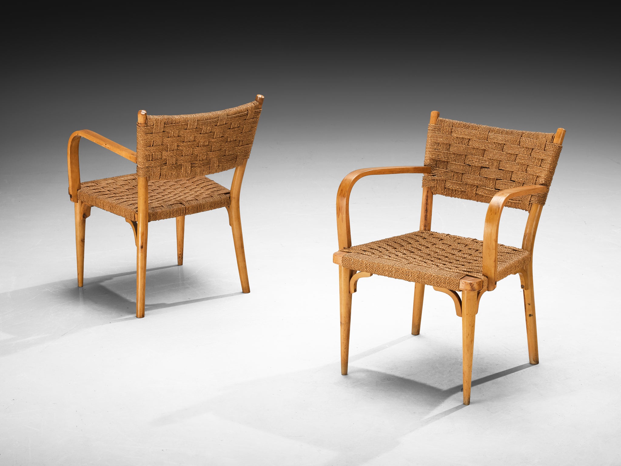 Italian Pair of Armchairs in Braided Straw and Blonde Wood