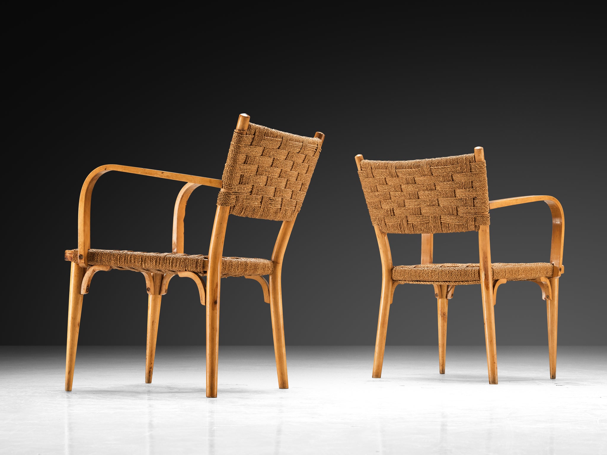 Italian Pair of Armchairs in Braided Straw and Blonde Wood