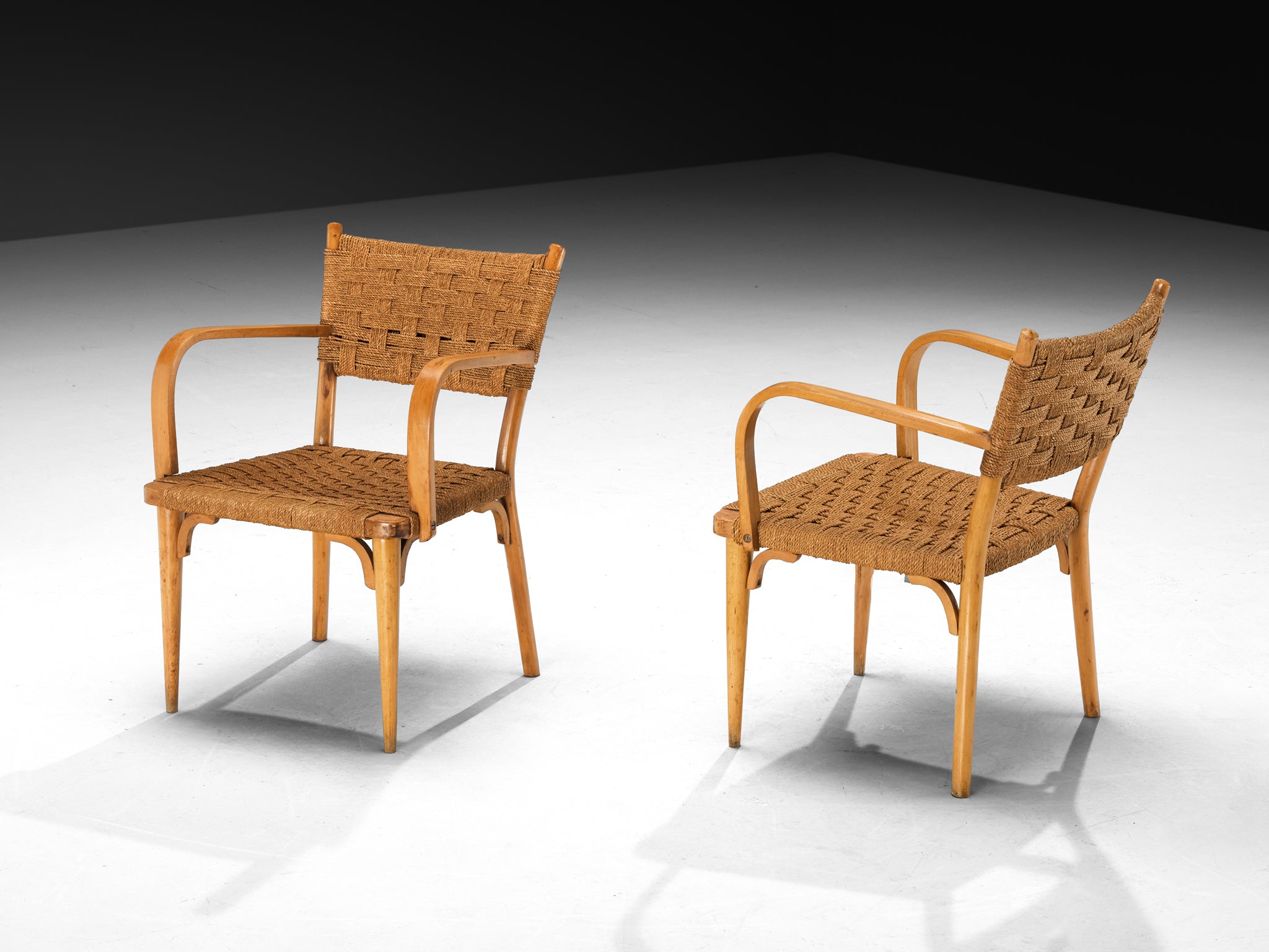 Italian Pair of Armchairs in Braided Straw and Blonde Wood