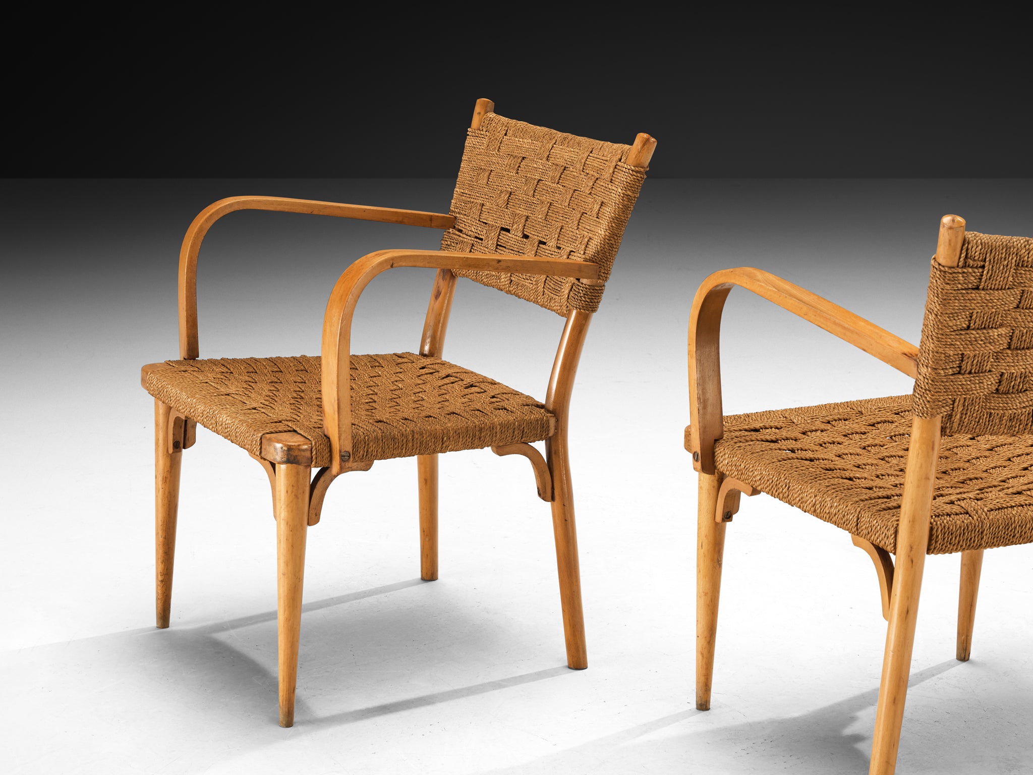 Italian Pair of Armchairs in Braided Straw and Blonde Wood