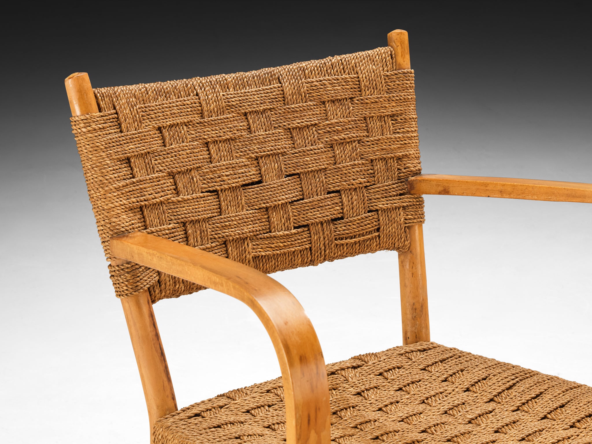 Italian Pair of Armchairs in Braided Straw and Blonde Wood