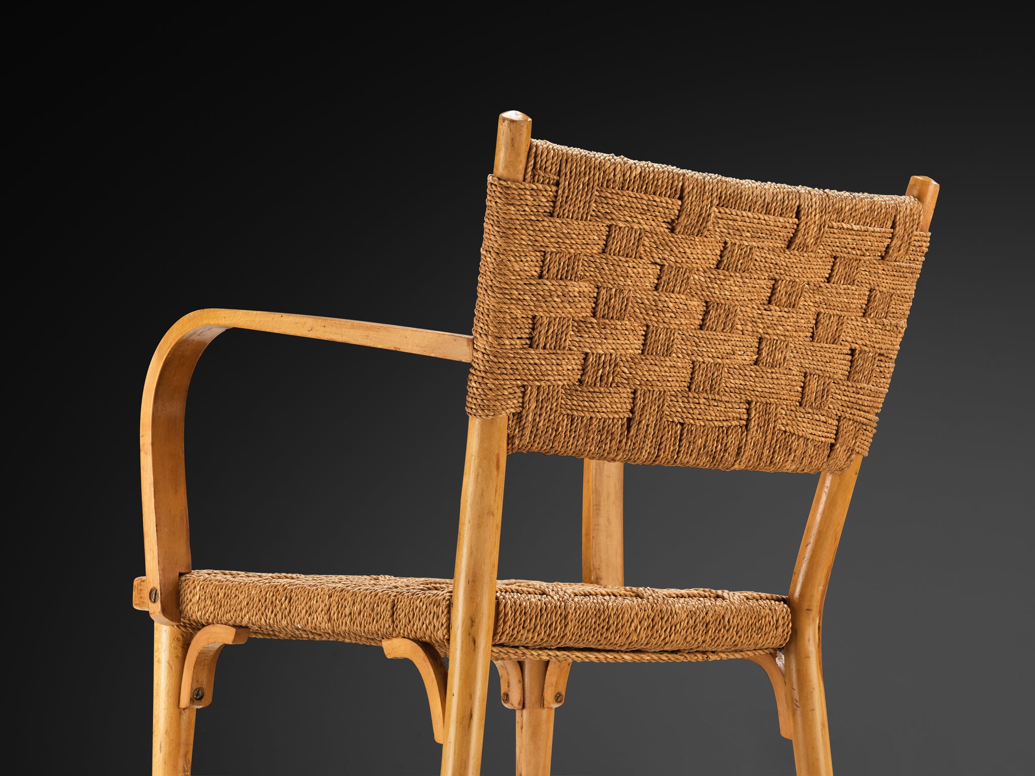 Italian Pair of Armchairs in Braided Straw and Blonde Wood