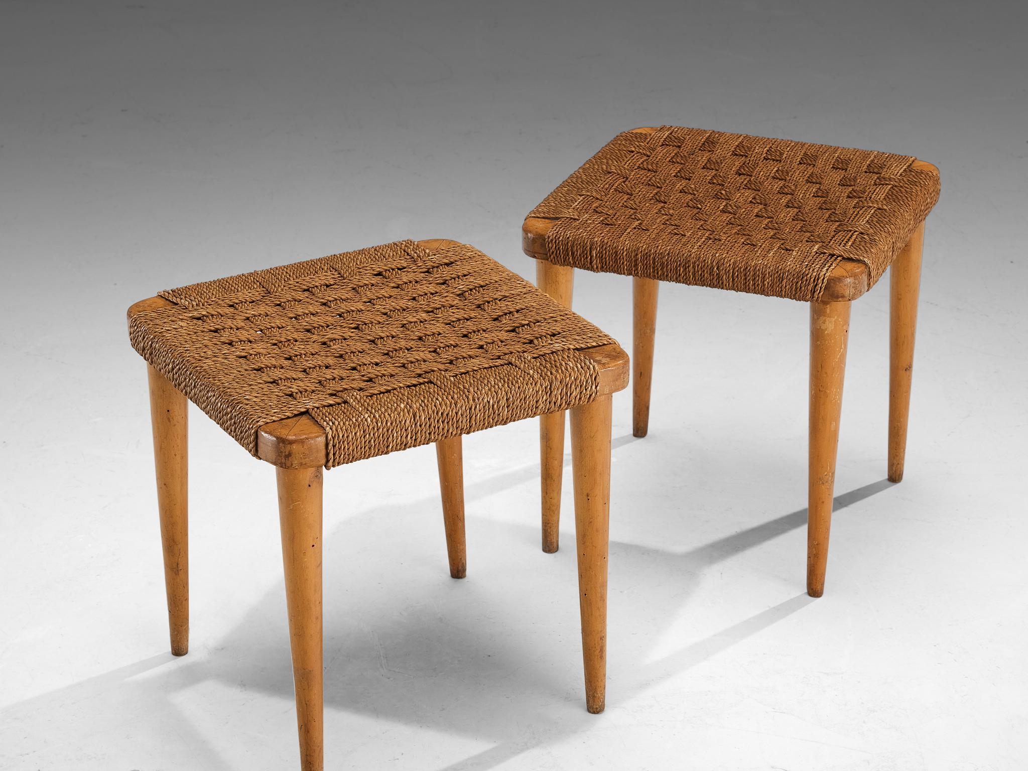 Italian Stools in Braided Straw and Blond Wood