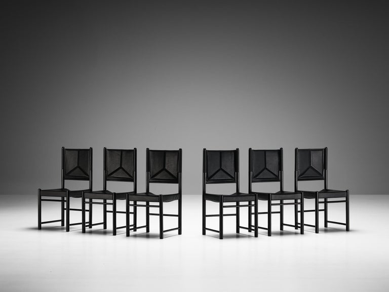 Italian Set of Six Dining Chairs in Black Upholstery with Black Frame